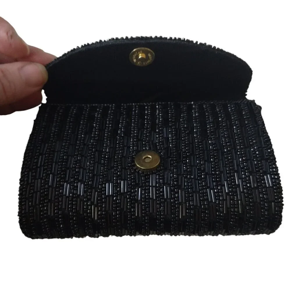 Vintage Black Beaded Wristlet Clutch Purse Retro Glam Party Black Tie Event